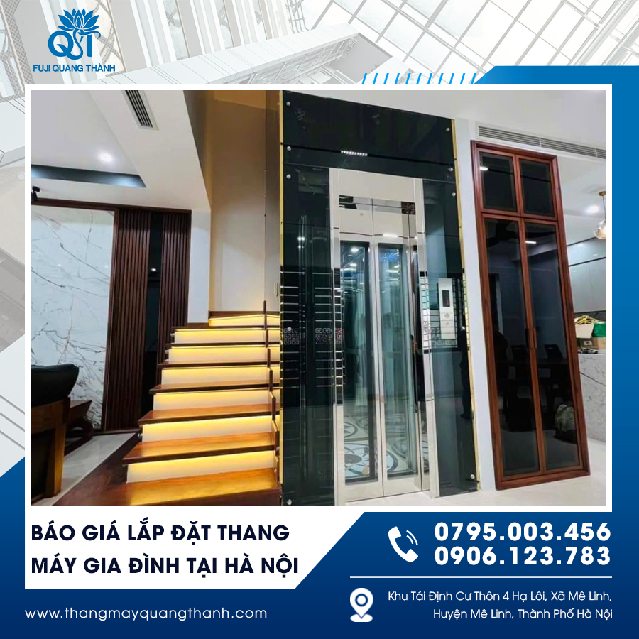 Chi phí lắp đặt thang máy gia đình tại Hà Nội phụ thuộc tải trọng, kích thước và loại động cơ.