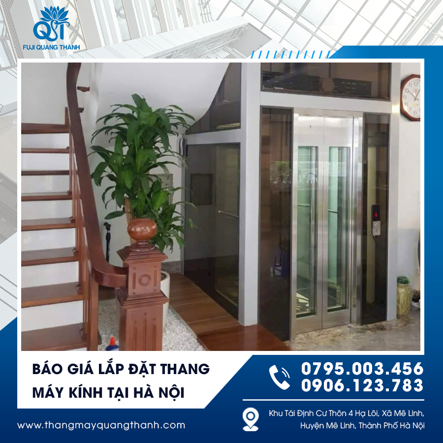 Thi công thang máy kính với kính cường lực an toàn, khung thép chịu lực chắc chắn.