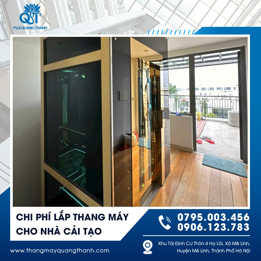 Mẫu thang máy kính vừa tiết kiệm diện tích vừa tăng tính thẩm mỹ cho công trình cải tạo.