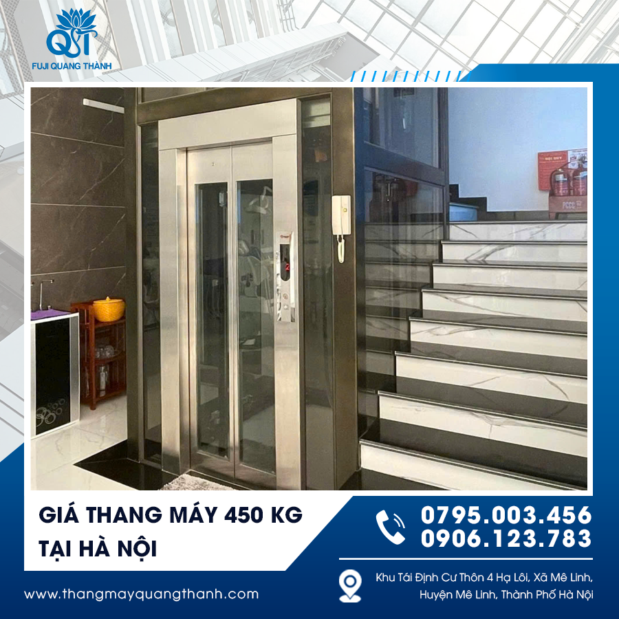 Thang máy 450 kg phù hợp gia đình 4–6 người, tối ưu diện tích sử dụng.