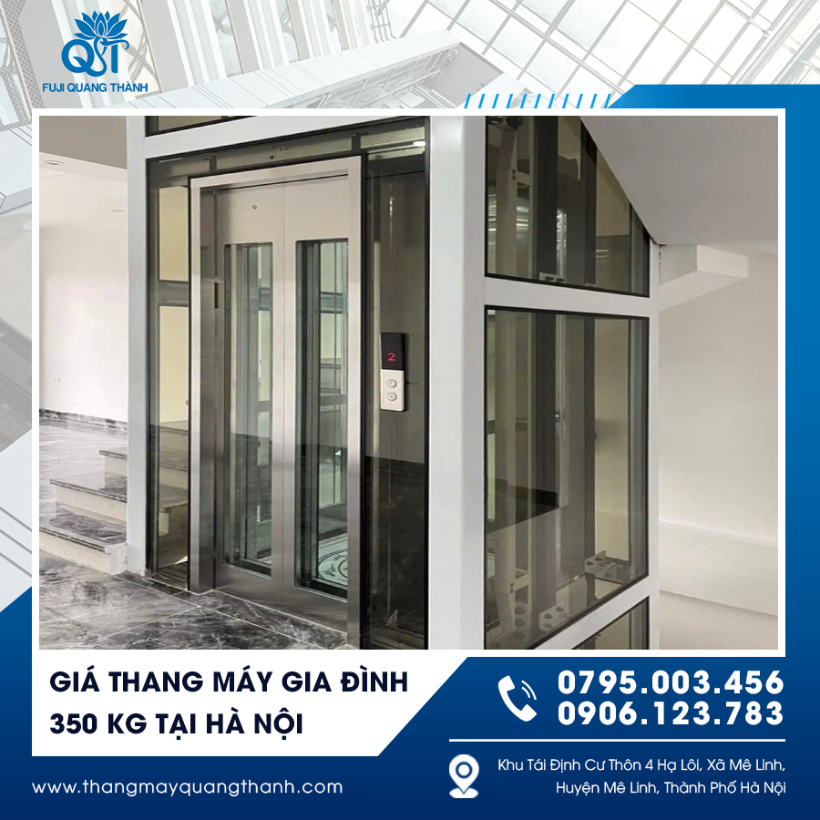 Thang máy kính 350 kg mang lại vẻ sang trọng và mở rộng không gian sống.